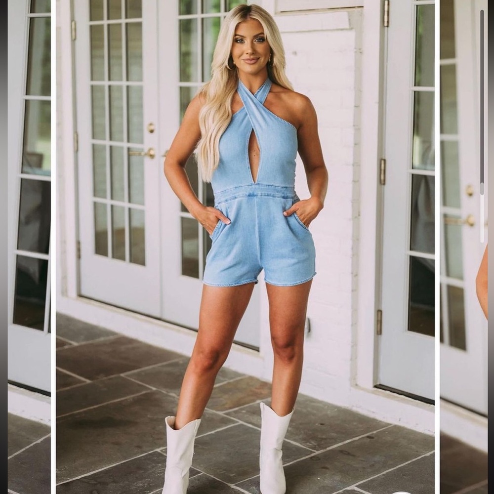 These Three denim crossover romper- worn once